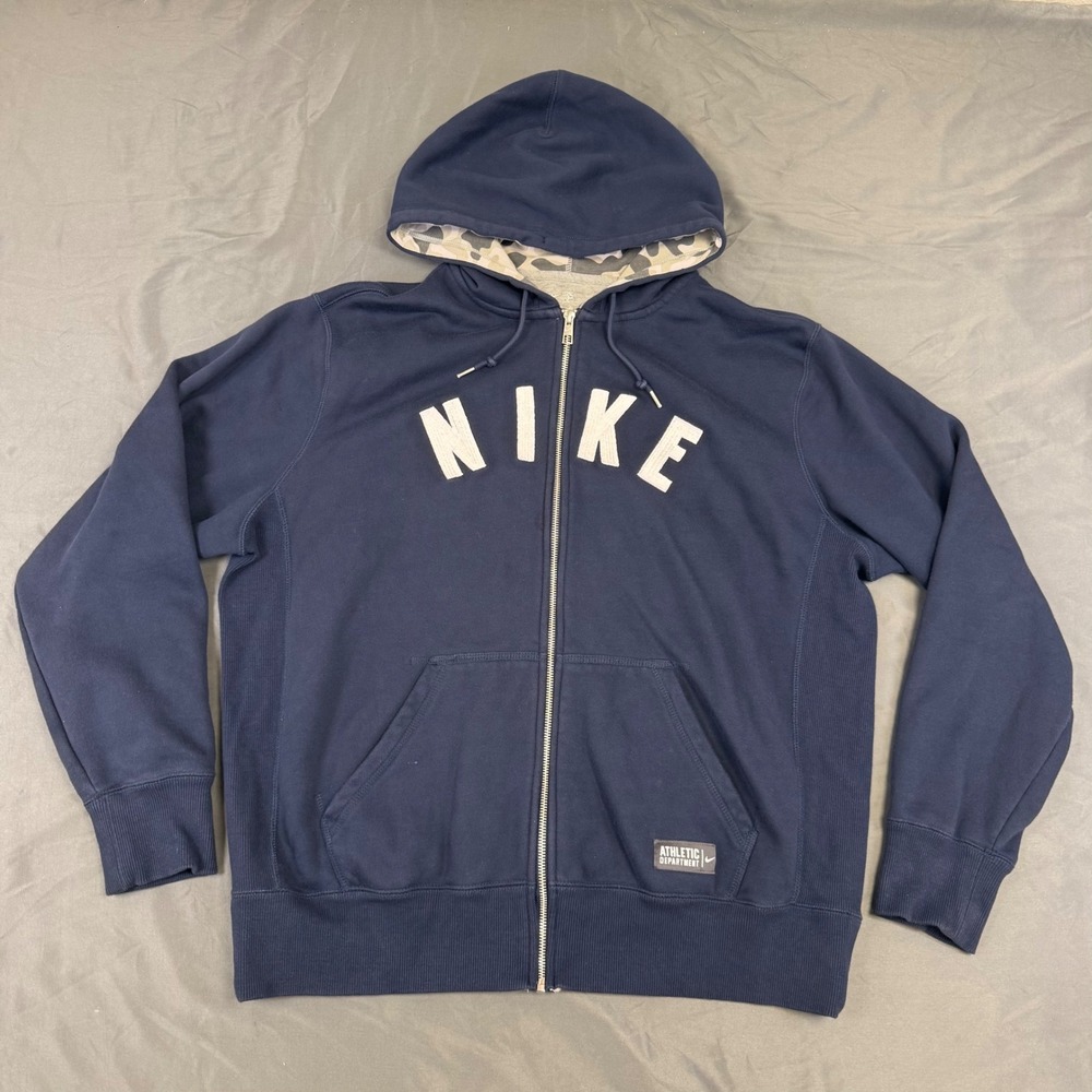 Nike Athletic Dept Mens XL Full Zip Hoodie Navy Blue Spellout Camo Sweatshirt